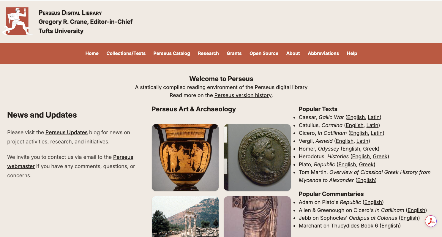 Home page of Minimum Viable Perseus (Perseus MVP), with news, art and archaeology images, and popular texts