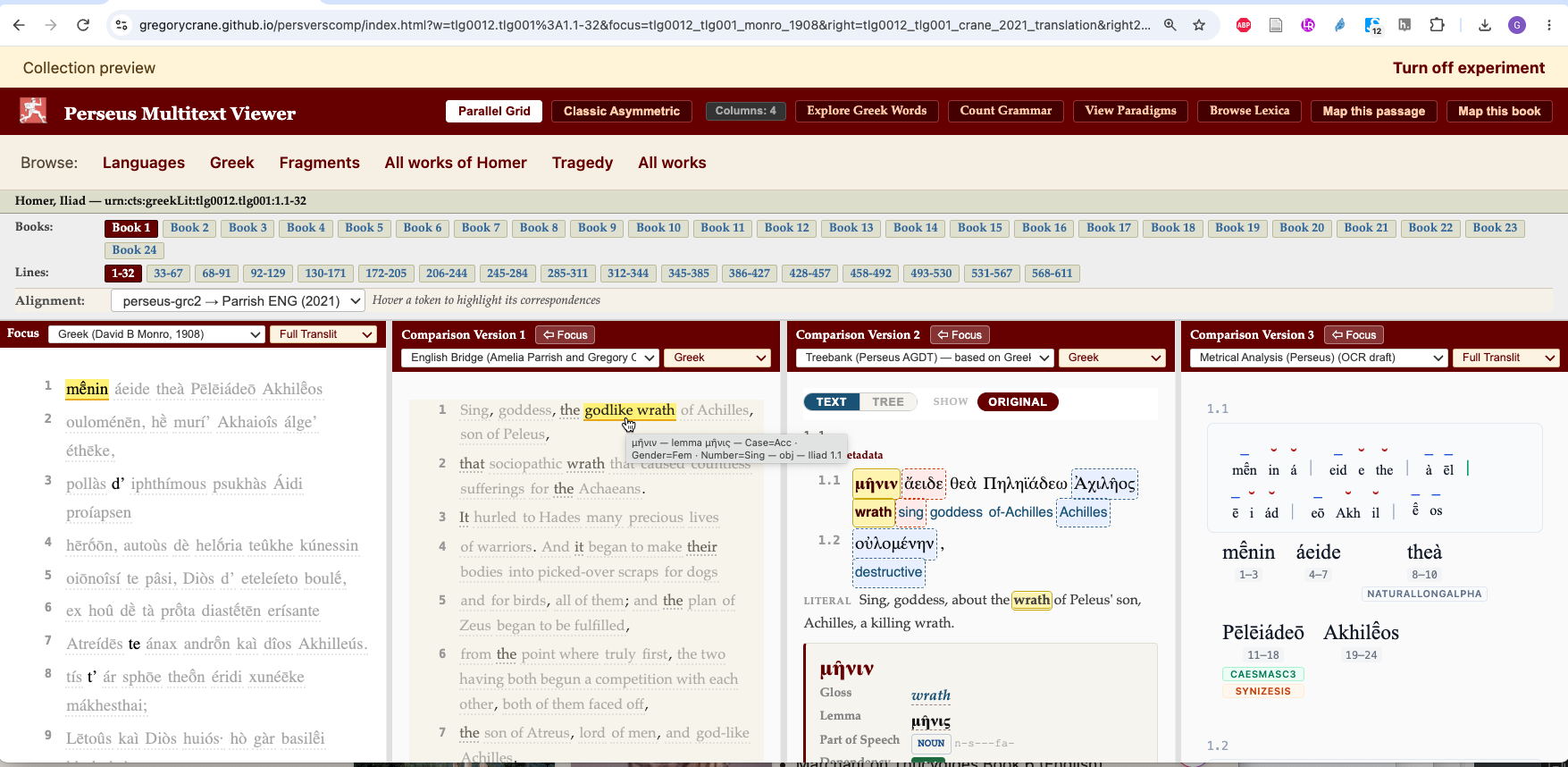 Perseus Multitext Viewer showing Iliad 1 in Greek beside an aligned English translation, a treebank, and a metrical analysis